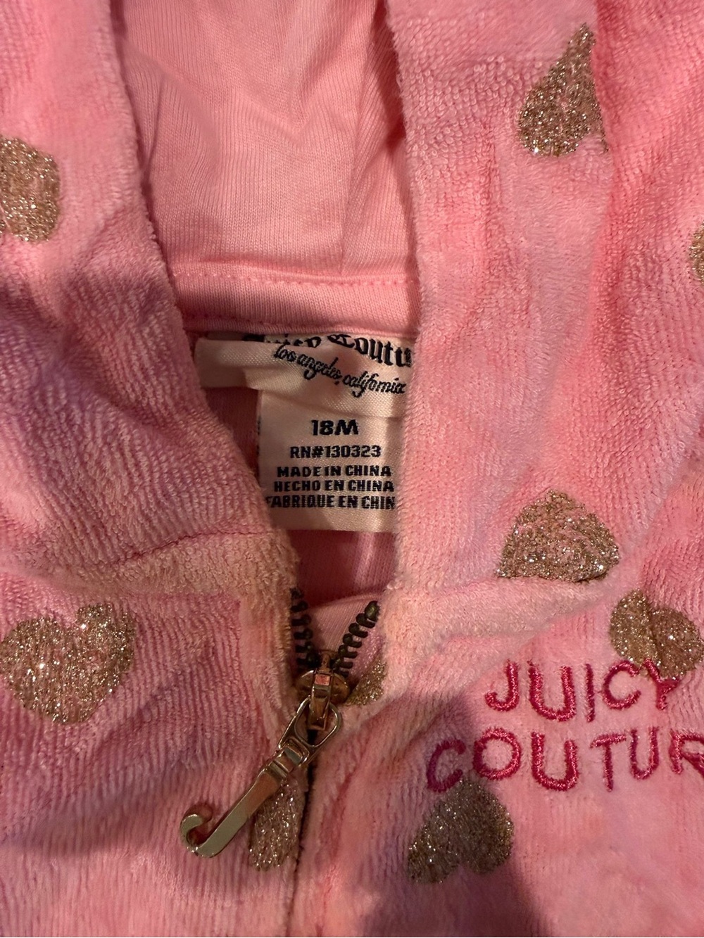 Juicy Couture Pink Hooded Puffer Jacket with Glitter Hearts